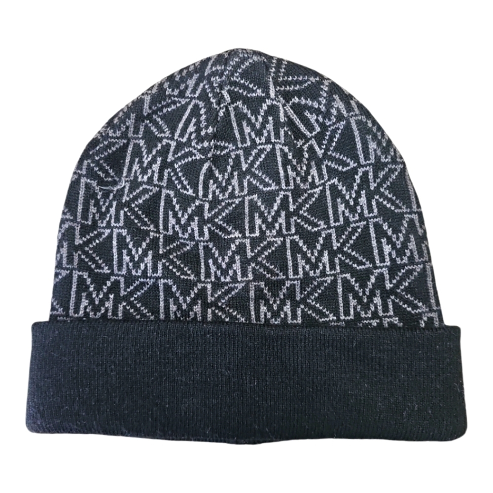 MICHAEL KORS Signature Beanie Winter Hat Black MK Allover Print